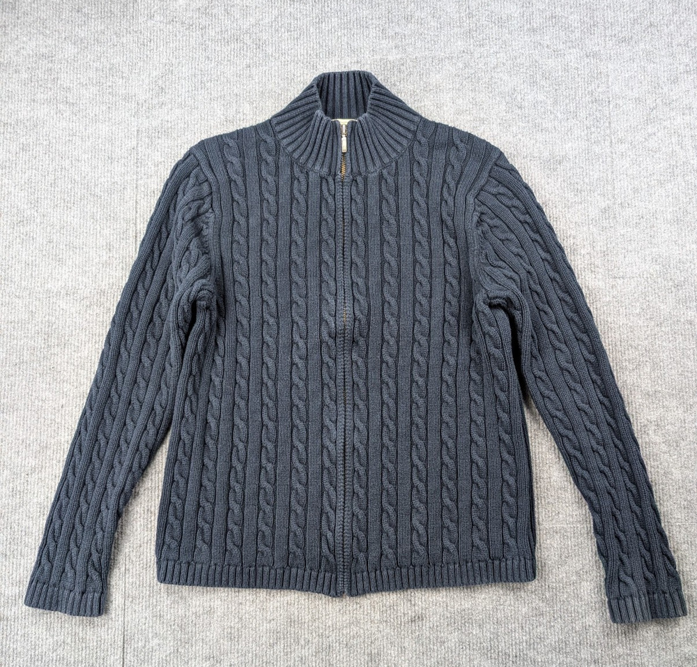 LL Bean Cable Knit Sweater Womens Medium Cardigan Chunky Zip Fisherman Minimal